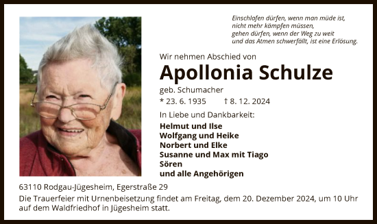 Todesanzeige von Apollonia Schulze von OF