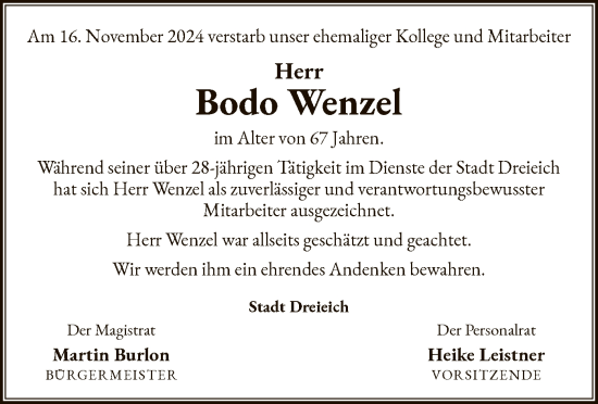 Todesanzeige von Bodo Wenzel von OF