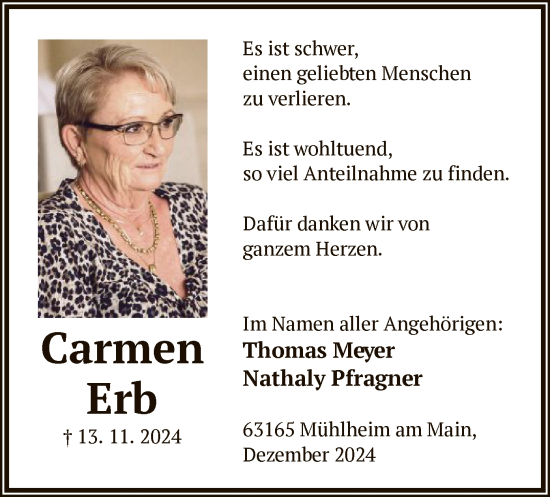 Todesanzeige von Carmen Erb von OF