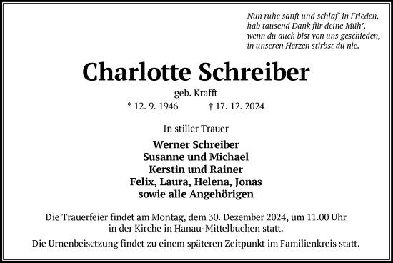 Todesanzeige von Charlotte Schreiber von OF