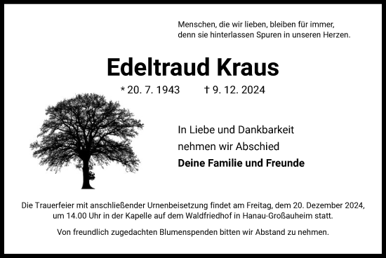 Todesanzeige von Edeltraud Kraus von OF
