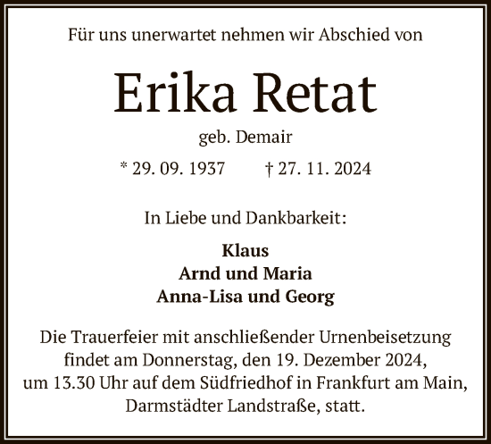 Todesanzeige von Erika Retat von OF
