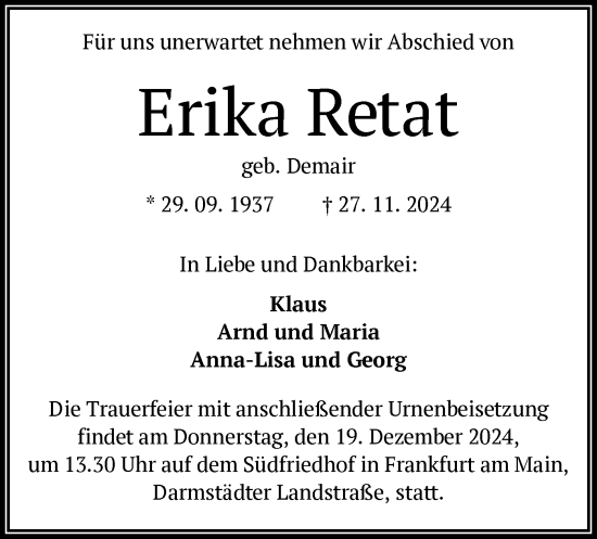 Todesanzeige von Erika Retat von OF