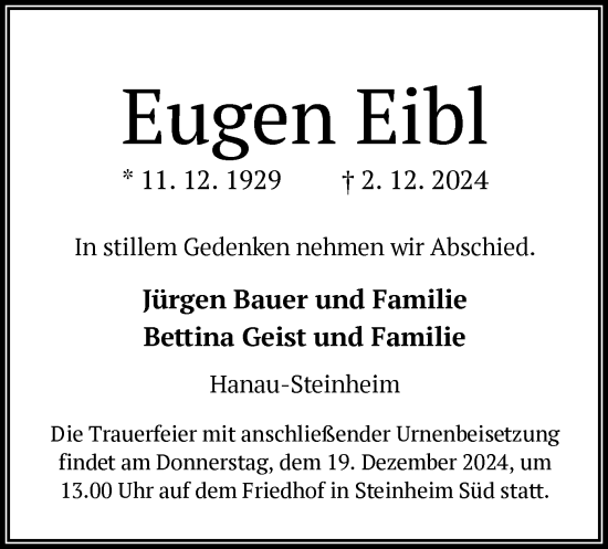 Todesanzeige von Eugen Eibl von OF