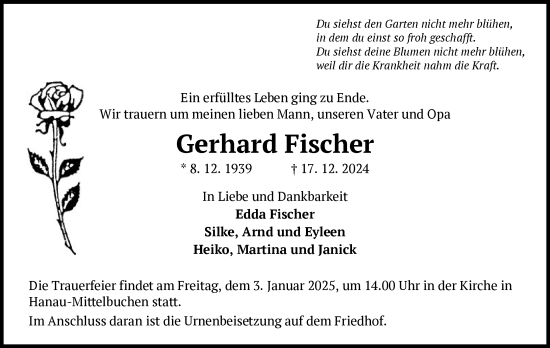 Todesanzeige von Gerhard Fischer von OF