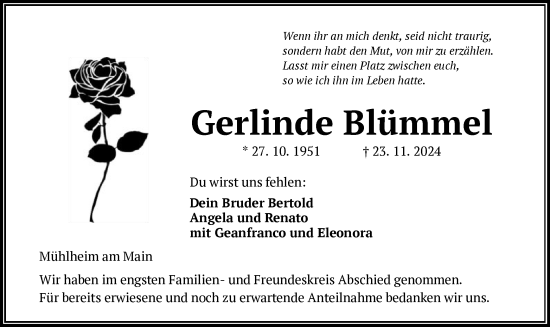 Todesanzeige von Gerlinde Blümmel von OF
