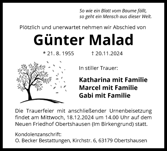 Todesanzeige von Günter Malad von OF