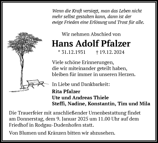 Todesanzeige von Hans Adolf Pfalzer von OF