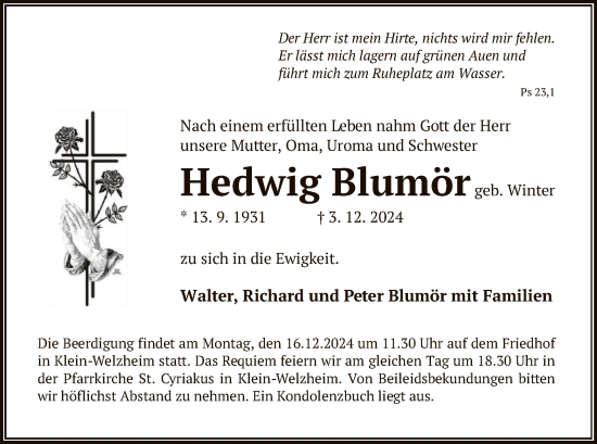 Todesanzeige von Hedwig Blumör von OF