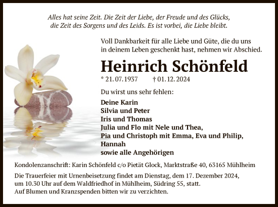 Todesanzeige von Heinrich Schönfeld von OF