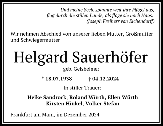 Todesanzeige von Helgard Sauerhöfer von OF