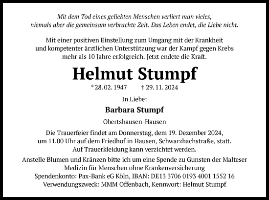 Todesanzeige von Helmut Stumpf von OF