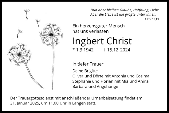 Todesanzeige von Ingbert Christ von OF