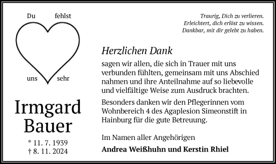 Todesanzeige von Irmgard Bauer von OF