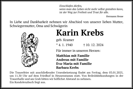 Todesanzeige von Karin Krebs von OF