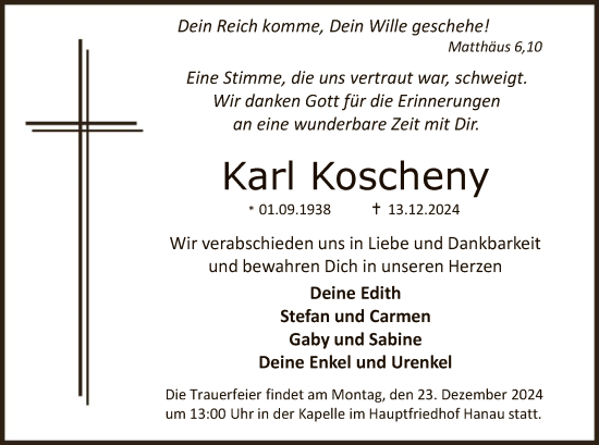Todesanzeige von Karl Koscheny von OF