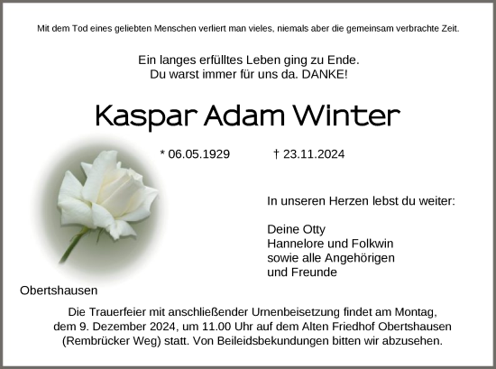 Todesanzeige von Kaspar Adam Winter von OF