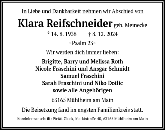 Todesanzeige von Klara Reifschneider von OF