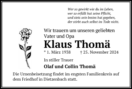 Todesanzeige von Klaus Thomä von OF