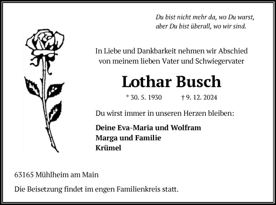 Todesanzeige von Lothar Busch von OF