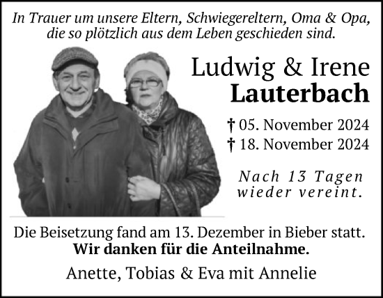Todesanzeige von Ludwig und Irene Lauterbach von OF
