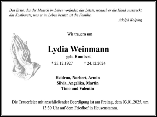 Todesanzeige von Lydia Weinmann von OF