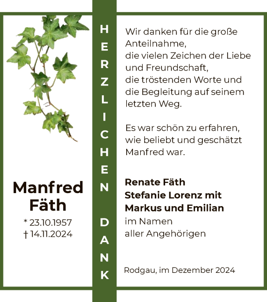 Todesanzeige von Manfred Fäth von OF