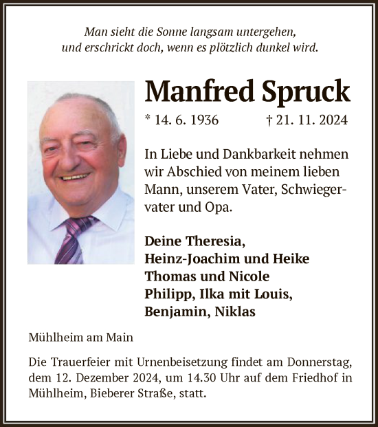 Todesanzeige von Manfred Spruck von OF