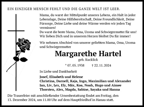 Todesanzeige von Margarethe Hartel von OF