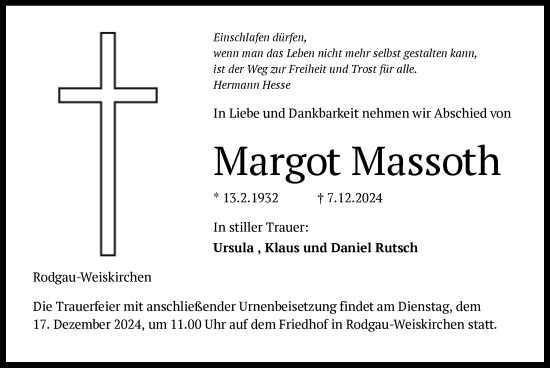 Todesanzeige von Margot Massoth von OF