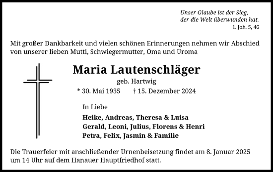 Todesanzeige von Maria Lautenschläger von OF