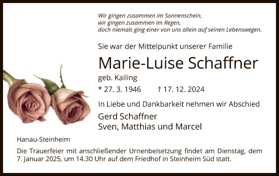 Todesanzeige von Marie-Luise Schaffner von OFOF