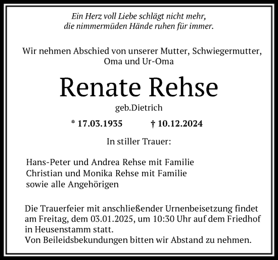 Todesanzeige von Renate Rehse von OF