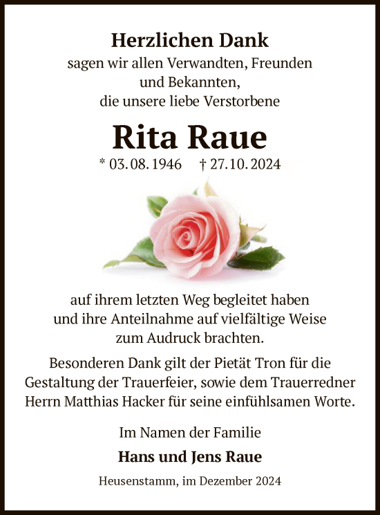 Todesanzeige von Rita Raue von OF