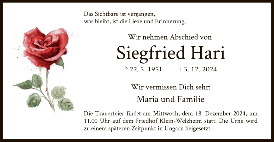 Todesanzeige von Siegfried Hari von OF