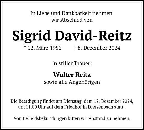 Todesanzeige von Sigrid David-Reitz von OF