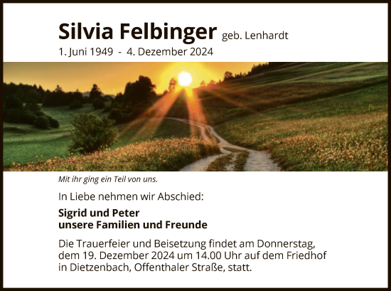 Todesanzeige von Silvia Felbinger von OF
