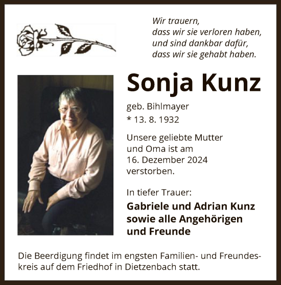 Todesanzeige von Sonja Kunz von OF