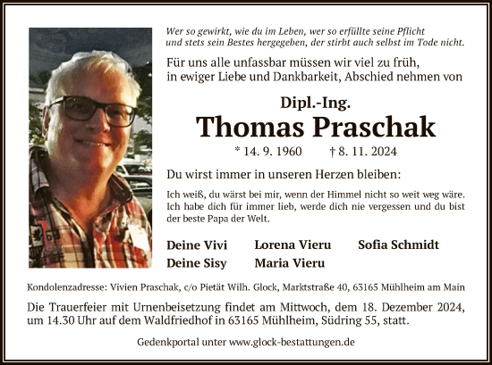 Todesanzeige von Thomas Praschak von OF