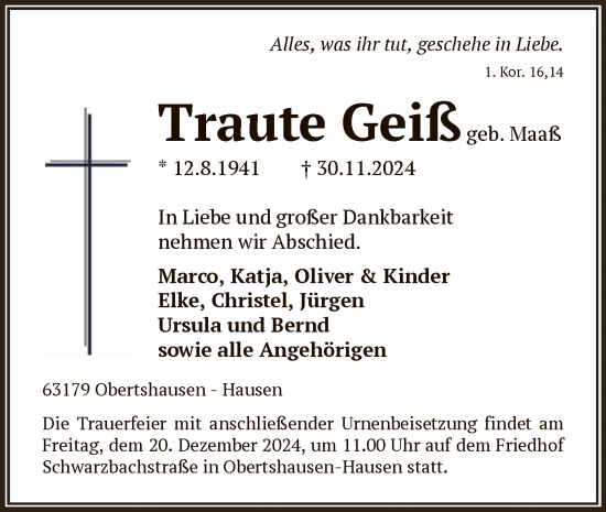Todesanzeige von Traute Geiß von OF