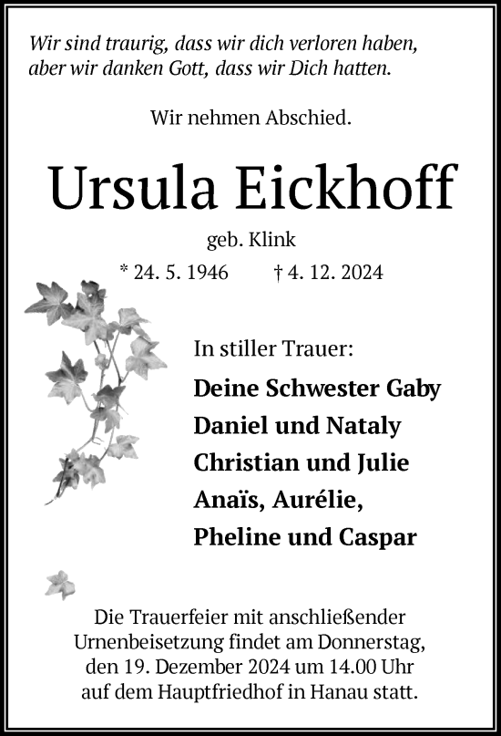Todesanzeige von Ursula Eickhoff von OF