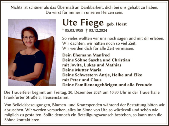 Todesanzeige von Ute Fiege von OF