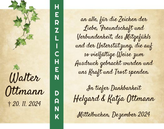 Todesanzeige von Walter Ottmann von OF