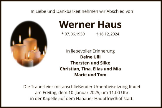 Todesanzeige von Werner Haus von OF