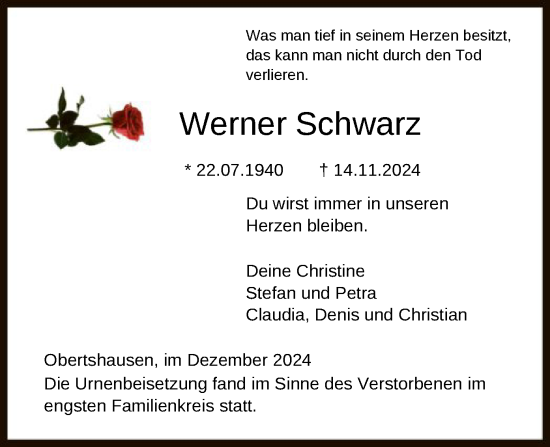 Todesanzeige von Werner Schwarz von OF