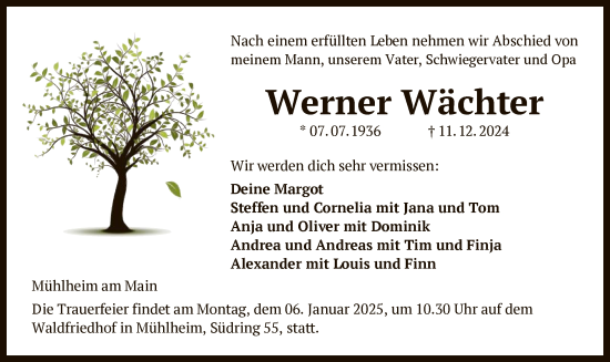 Todesanzeige von Werner Wächter von OF