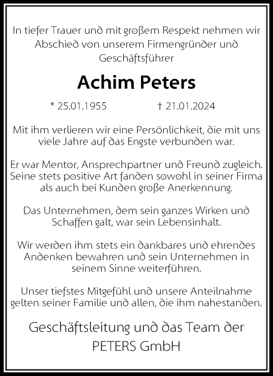 Todesanzeige von Achim Peters von OF