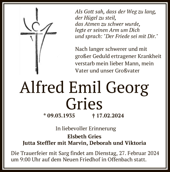 Todesanzeige von Alfred Emil Georg Gries von OF