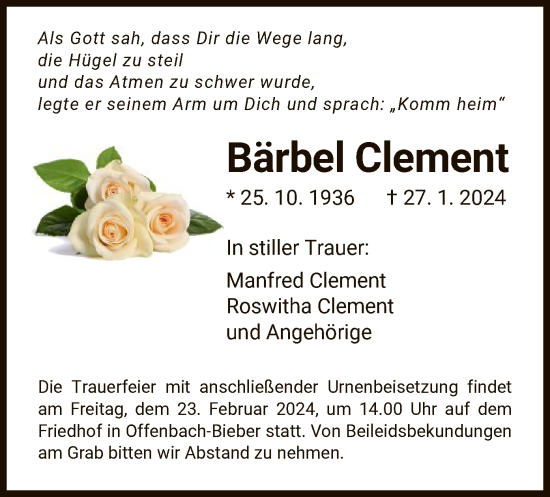 Todesanzeige von Bärbel Clement von OF