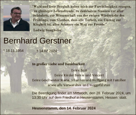 Todesanzeige von Bernhard Gerstner von OF